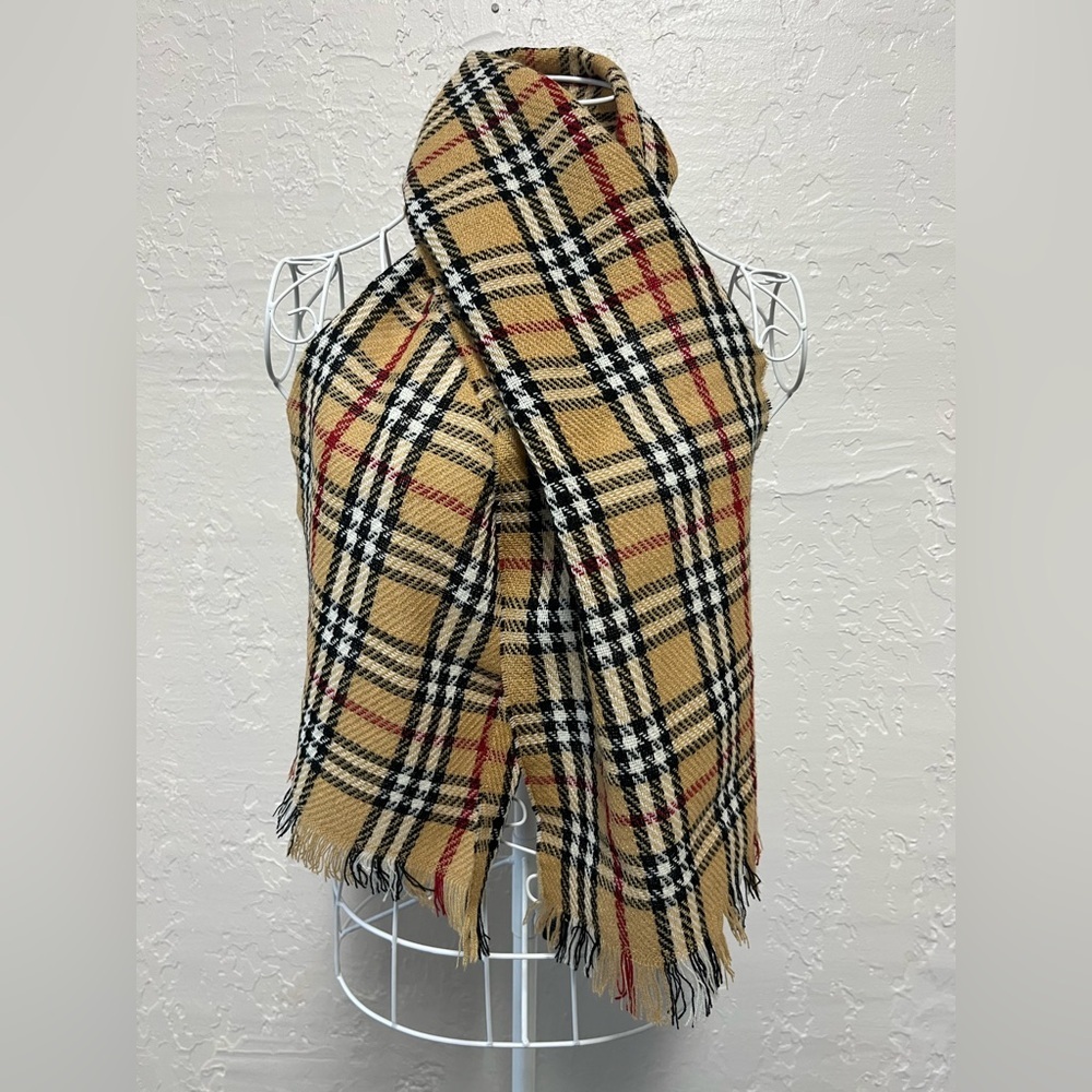 Vintage English Village Classic Cashmere-Feel Yellow Tan Red Plaid Scarf